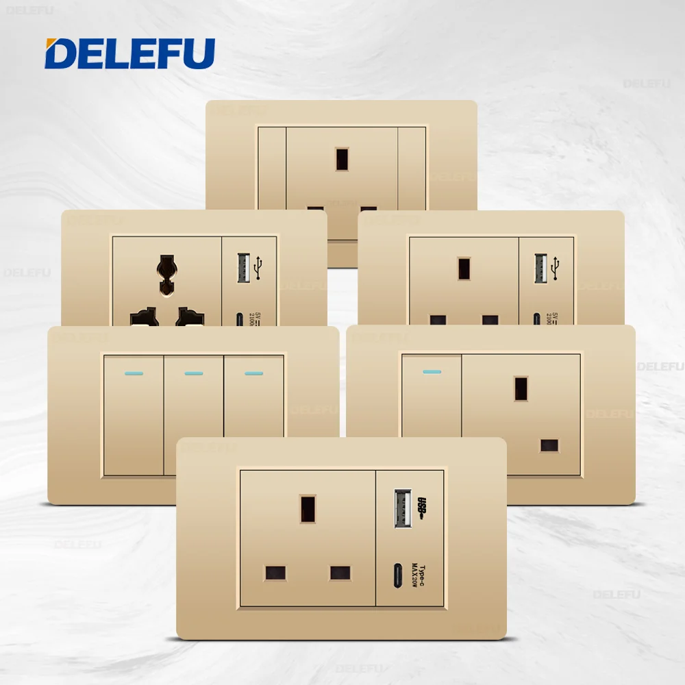 DELEFU Wall Switching power socket USB-C PC Gold panel UK series