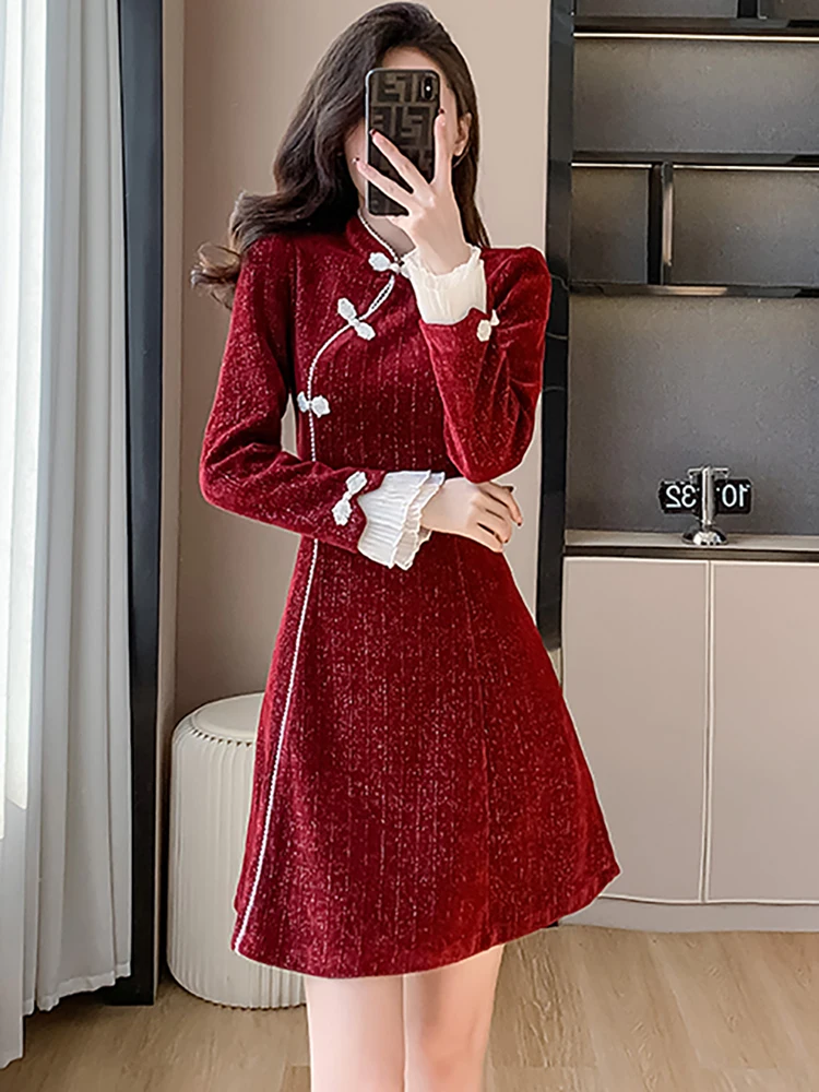 Czerwona sukienka mini z długim rękawem i stójką, dopasowana do ciała, elegancka, luksusowa, idealna na imprezę, jesień-zima, koreański szyk, sukienki na studniówkę, 2025