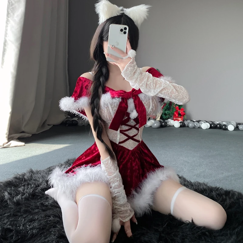 

2026 New Year Red Plush Lace Dress Maid Costume Cosplay Santa Claus Cute Ladies Sweet Red Christmas Bow Stage Party Uniform Suit