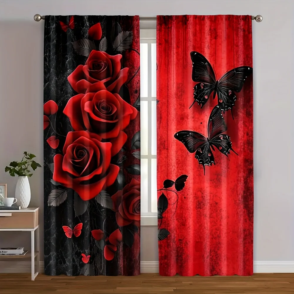 Red Rose and Black Butterfly Curtains with Gothic Design Dramatic Romance Theme Window Drapes for Living Room Bedroom Decor