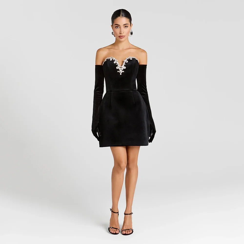 

Velvet Party Dress Mini Crystal V Neck Column Christmas Women's Party Gowns Short Backless Custom Made Cocktail Dresses Black