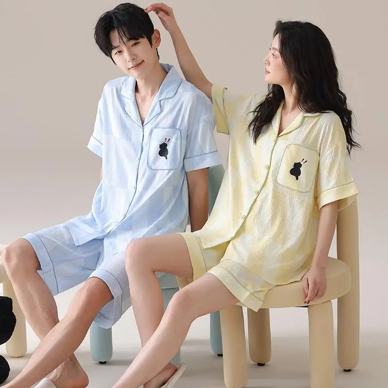 Cloud Cotton Collared Open Cardigan Couples Sleepwear Summer Outdoor Casual Home Clothes Set Women's Short Pants Eight Sleeve