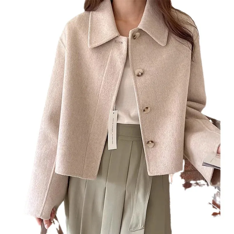 Women Short Tweed Jacket Fashion Simple Lapel Collar Single-breasted Jacket Commuter Coats Office Ladies Outwear Crop Tops