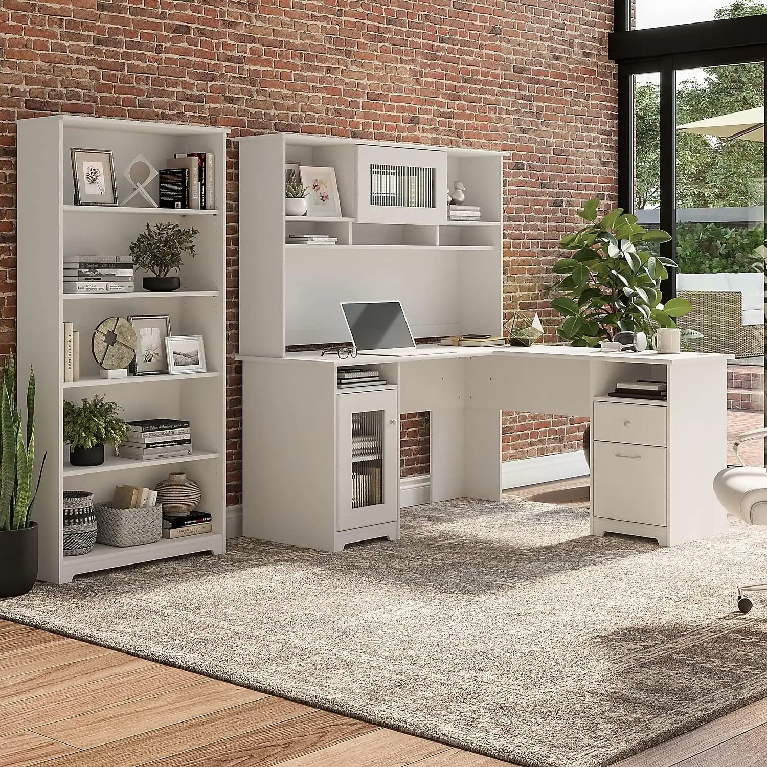 60W L Shaped Computer Desk with Hutch and 5 Shelf Bookcase in White