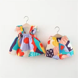 Summer Girls New Set Cute Two Piece Set Graffiti Colored Small Flying Sleeves Top And Shorts Two Piece Set