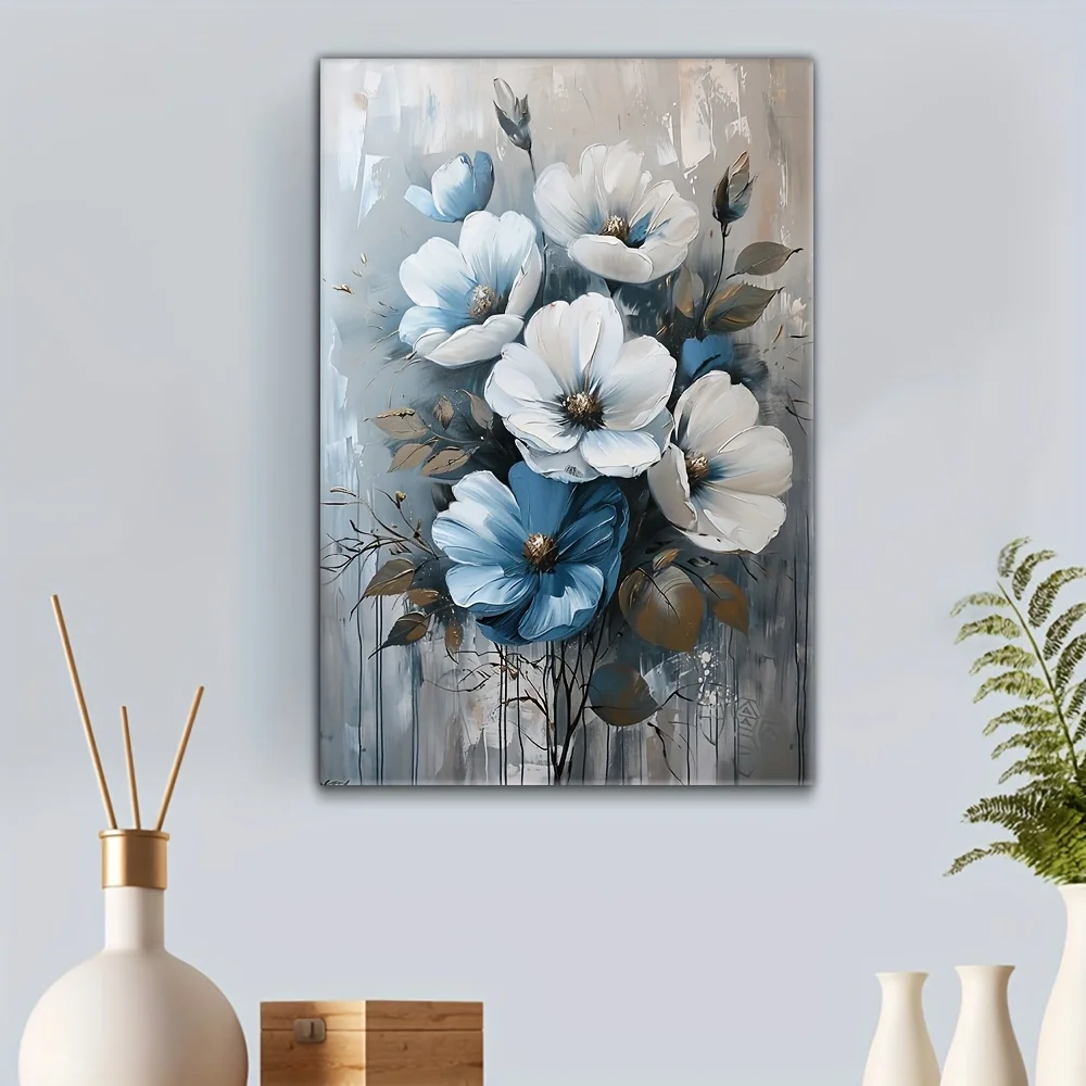 Canvas Painting in Wooden Frame Blue and White Floral Wall Art for Home Decor Living Room and Bedroom Holiday Party Decoration