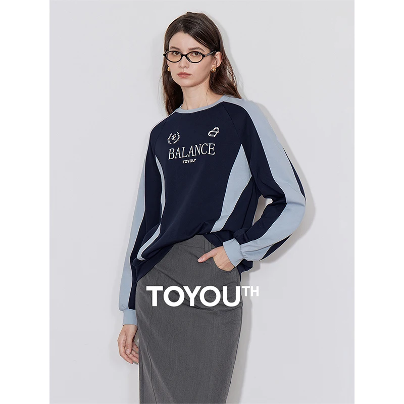 

TOYOUTH Women Sweatshirt Hoodies 2024 Autumn New Contrasting Color Splicing Letter Printed Sports Cotton Pullover Tops