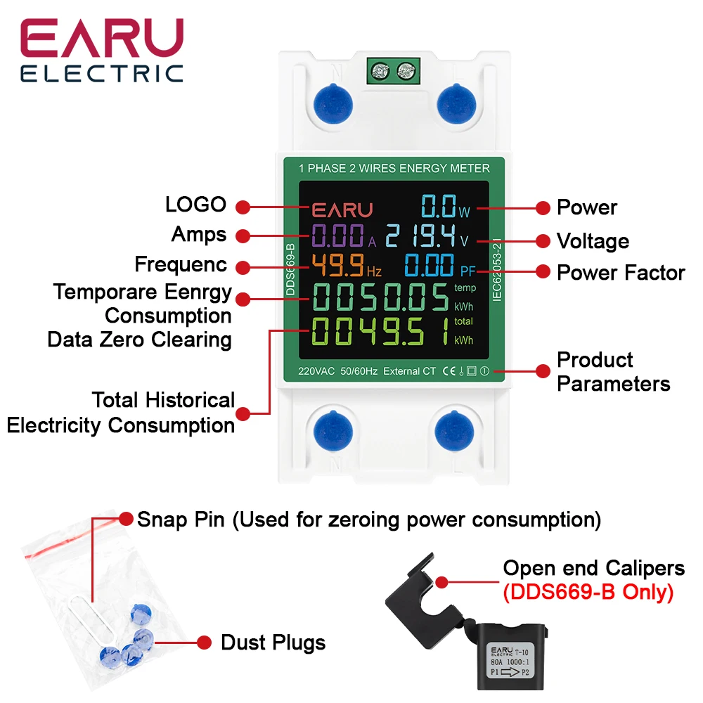 EARU Einphasiger, rücksetzbarer, bidirektionaler Solar-PV-Strom-, Spannungs-, Wattstunden- und kWh-Elektroenergiezähler mit Voltmeter und Stromwandlereinsatz – Detail 7