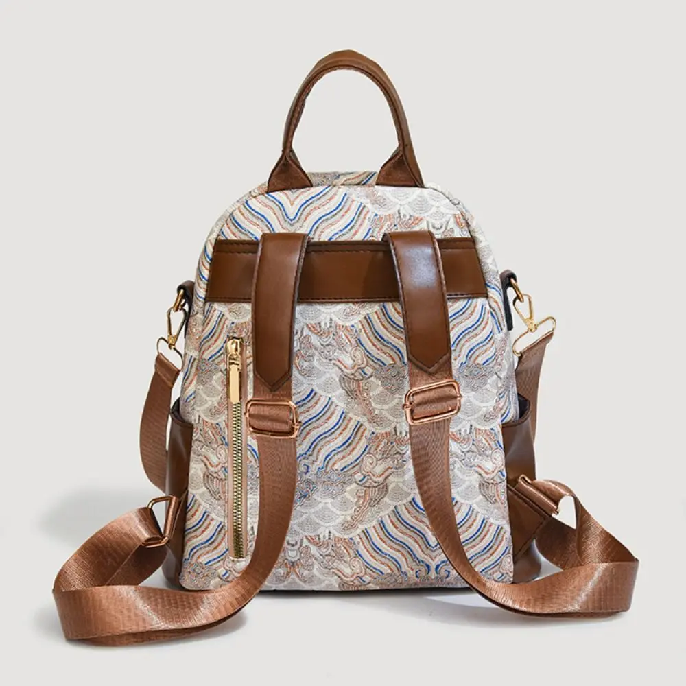 Large Capacity Women Casual Backpack Pu Top Handle Ethnic Style Shoulder Bag Daypack All-match Mini Travel Backpack Women