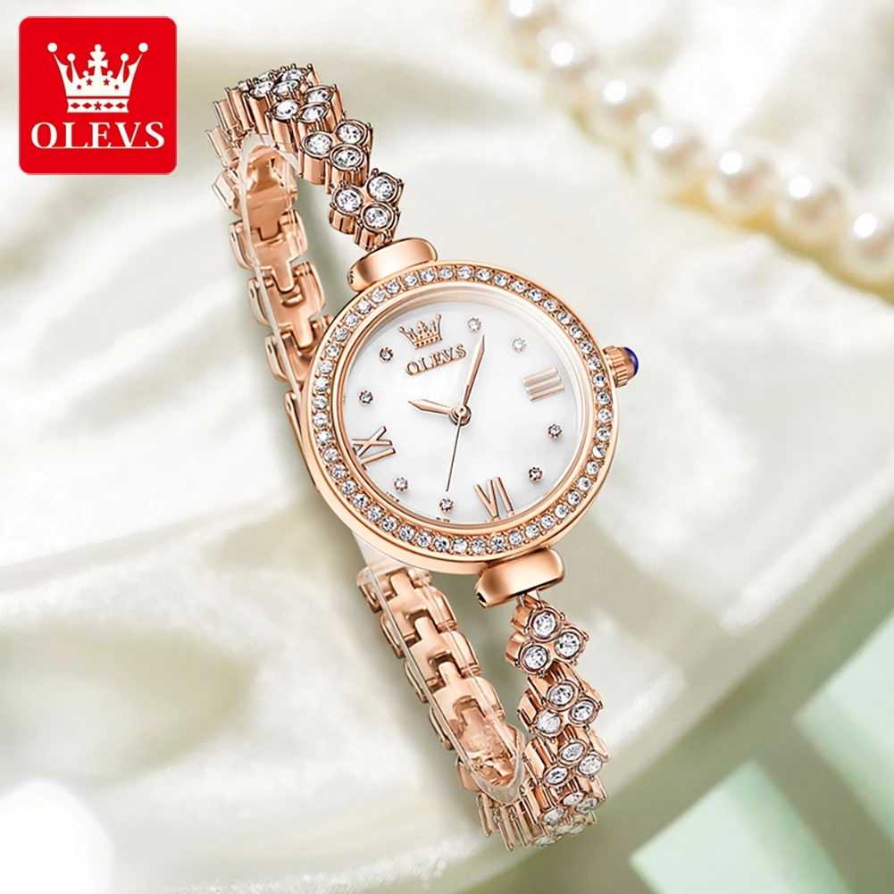 OLEVS jam tangan kuarsa wanita, arloji 9903 elegan modis tahan air, jam tangan gelang bercahaya berlian Bezel Reloj