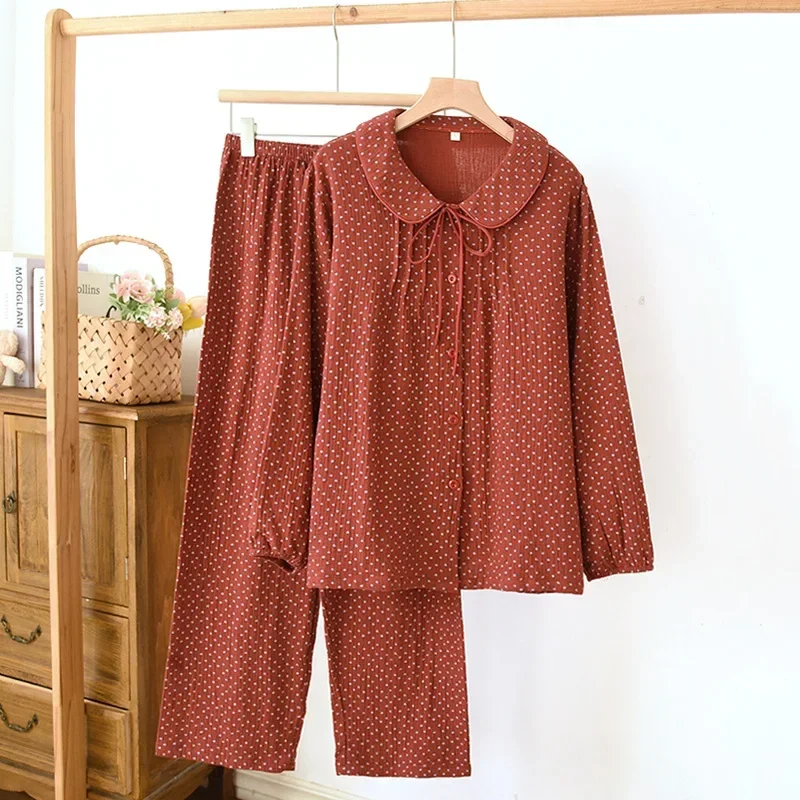 

Red Crepe Cotton Pajamas for Women Long-sleeved Trousers Turn-down Collar Loungewear Double-layer Gauze Loose Home Clothes