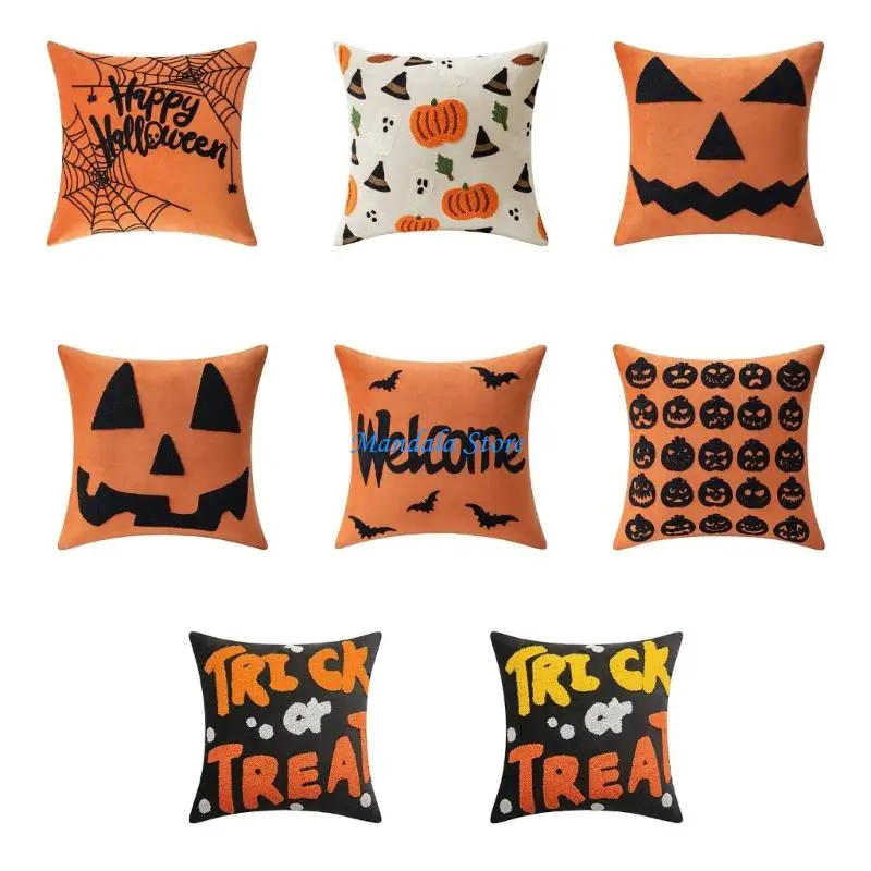 

U2JC Sturdy Polyester Halloweens Throw Pillowcase With Closure Seasonal Embroidery Sofa Bedroom