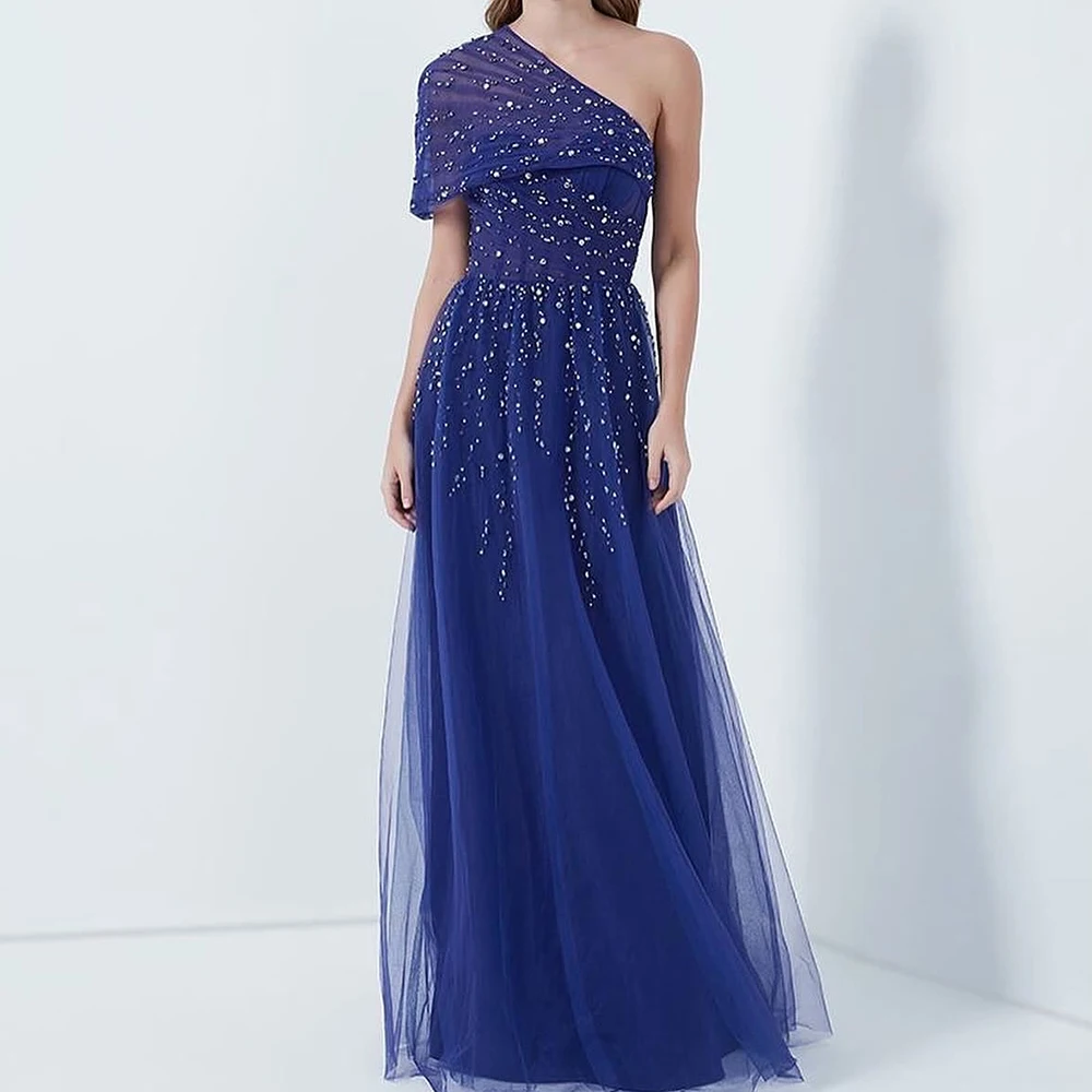 

Customized A-line Evening Dresses Floor-length One-shoulder Sleeveless Prom Gown Fashion Crystal Simple Draped Party Gown