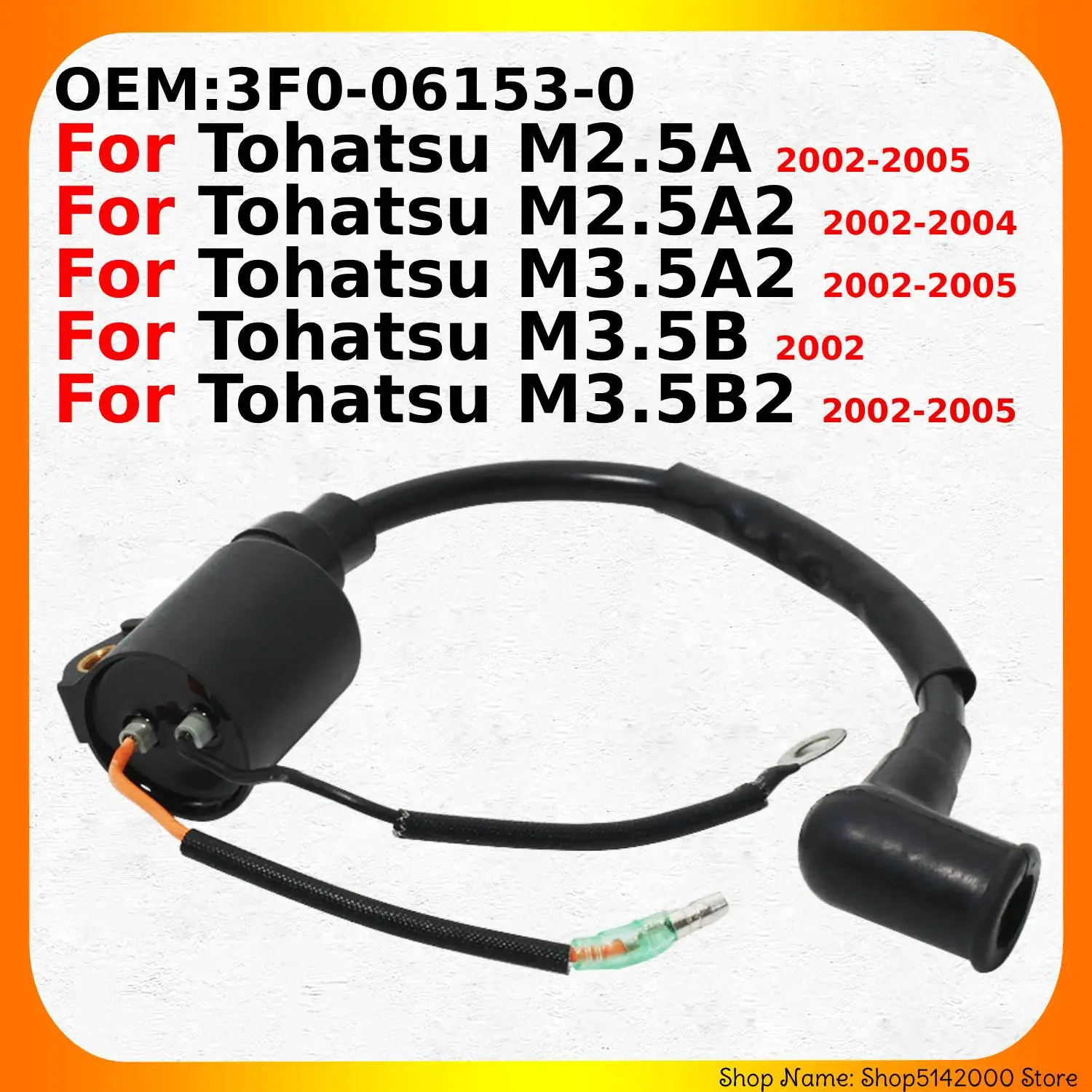 Boat Ignition Coil Assy For Tohatsu M2.5A 2002-2005 M2.5A2 2002-2004 M3.5A2 2002-2005 M3.5B 2002 M3.5B2 2002-2005 3F0-06153-0