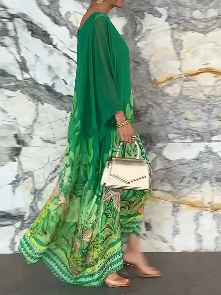 2025 Wrist Sleeve Print Patchwork Maxi Women O Neck Fashion Elegant Party Dress, Spring Autumn Simple Loose Ladies Dress