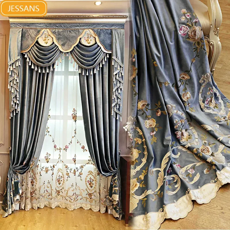 High Grade Blue and Green Velvet Embroidery Thickened Shading Curtains for Living Room Bedroom Villa High Window Customization