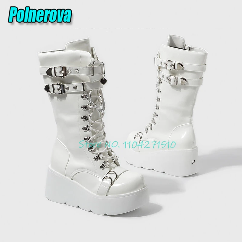 Punk Style Platform Wedge Knee High Boots Gothic Belt Buckle Thick Soled Long Boots Subculture Y2K Women Height Increasing Shoes