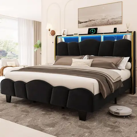 King Size Bed Frame with LED Lights and Charging Station Velvet Upholstered Platform Bed Frame with Storage Headboard