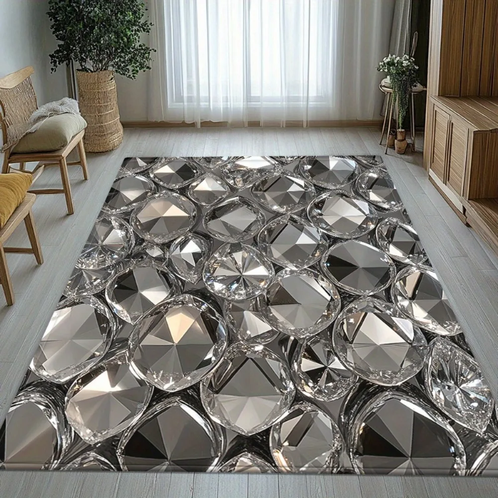 Silver Diamond Cluster Print Area Rug, Non-Slip Absorbent Washable Mat for Kitchen Bathroom, Outdoor Camping Picnic Decor