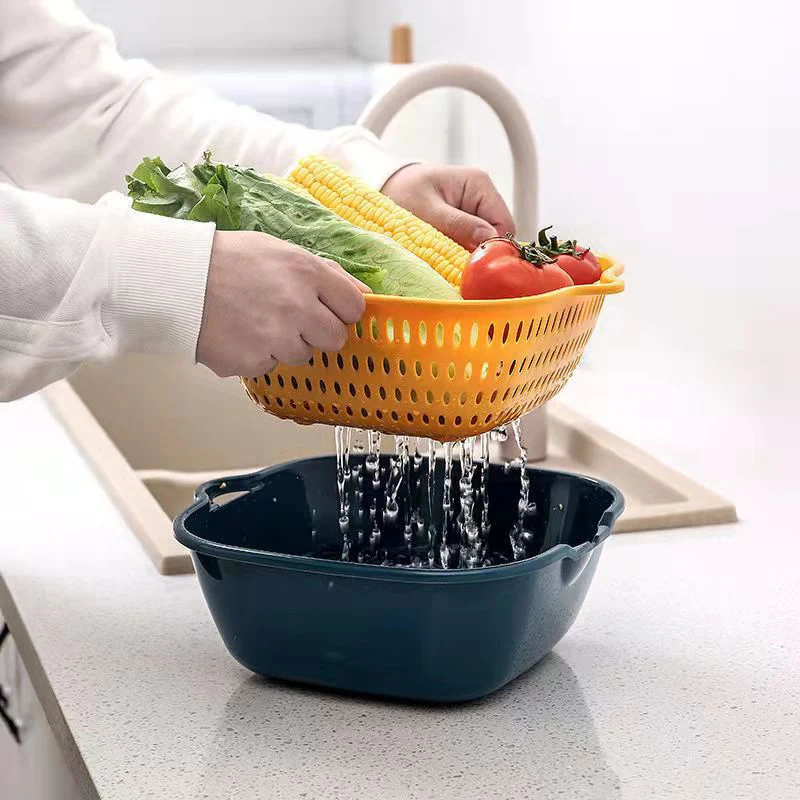 Multifunctional Double-Layer Drainage Basket Kitchen Fruit And Vegetable Basket Rice Washing Basket Food Storage Basket