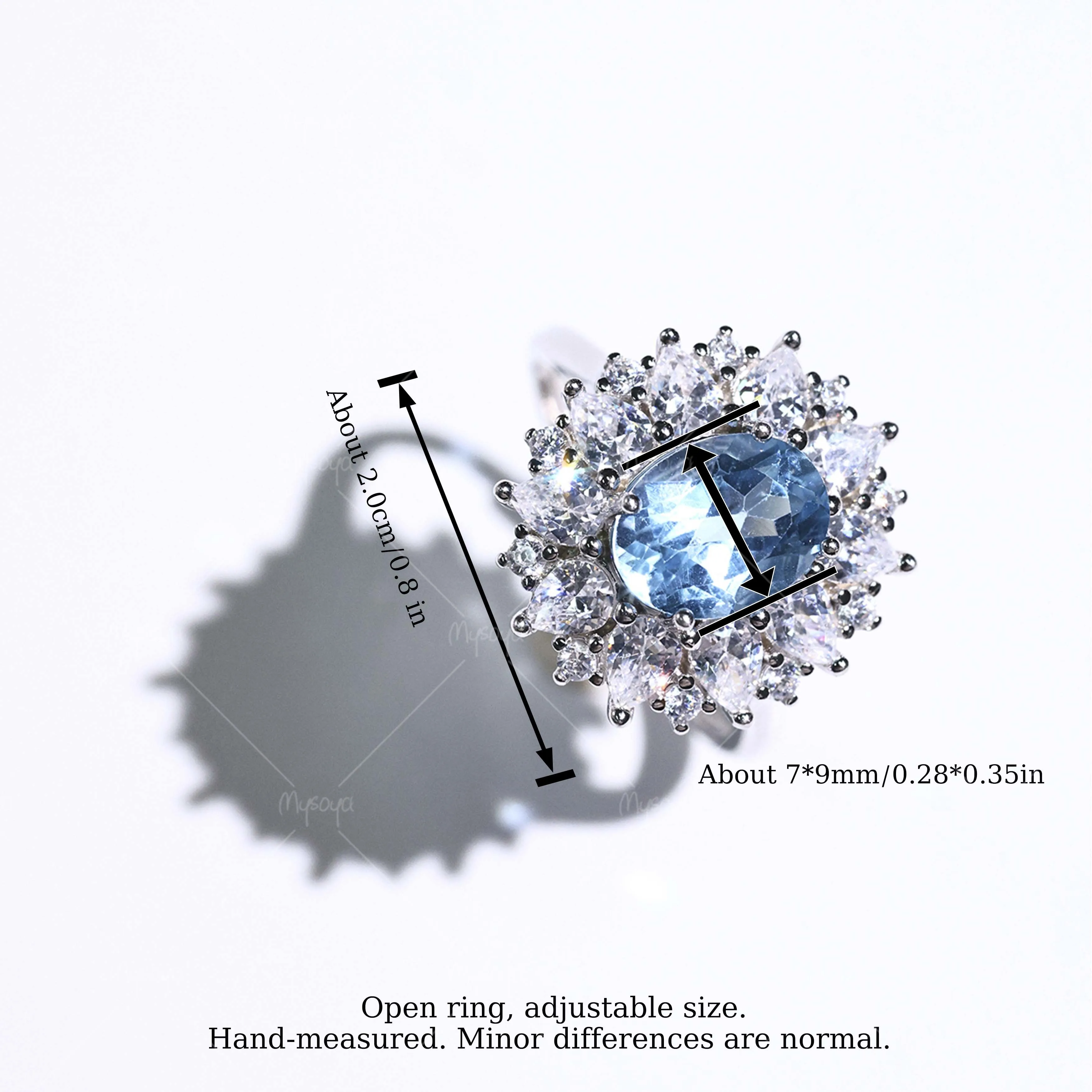 MYSOYA Ring with Natural Swiss Blue Topaz, 7×9mm Topaz 2.30ct, Gift Box Included, November Birthstone SC02