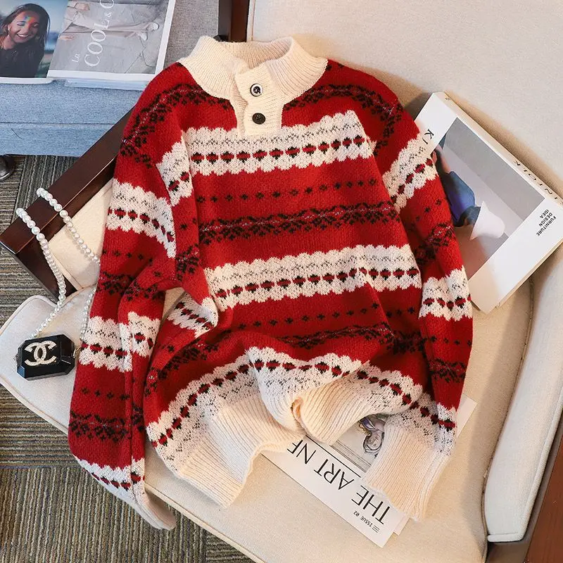 Pullover Sweater Female  Autumn/Winter 2023 Design Sense Small Crowd Loose New Year Red Christmas Sweater Women Pullover Tops