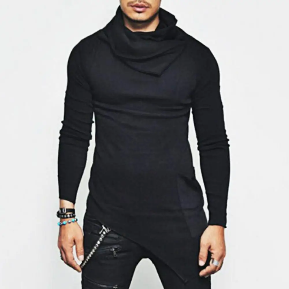 Spring Fall Men Shirt Irregular Hem Stacked Collar Slim Fit Casual Men Top Long Sleeves Pullover Street Style Thin Sweatshirt