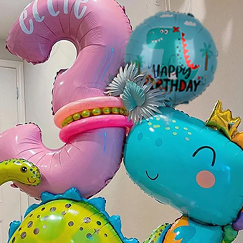 38pcs Cartoon Jungle Dinosaur Party Balloon Set Pink Number Balloons for Kids 1 2 3 4 5 6 7 Year Birthday Party Decorations