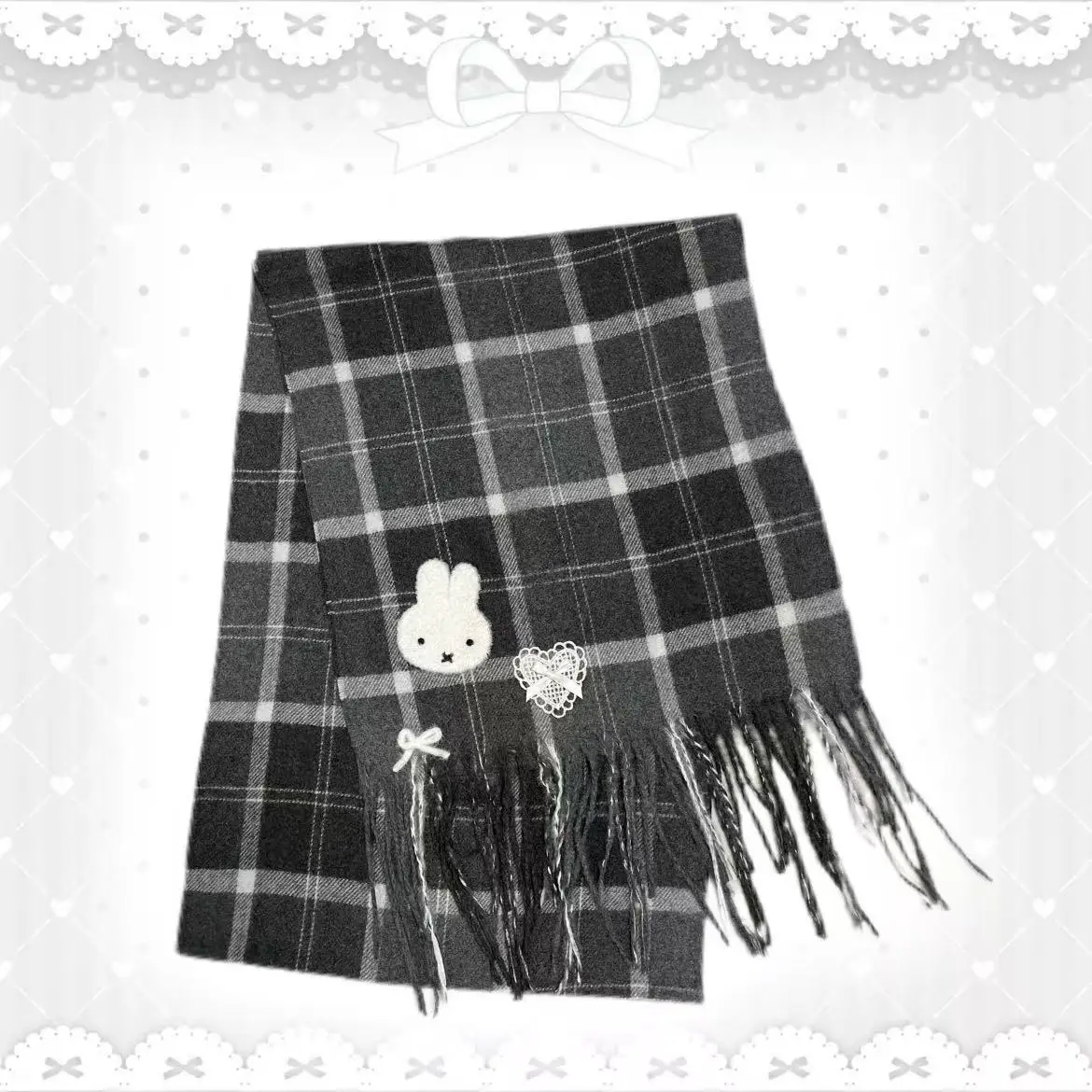 Bufanda a cuadros negra Miffy, bufanda cálida y versátil para otoño e invierno, bufanda bonita para mujer, bufanda de algodón a la moda, bufanda versátil, regalos