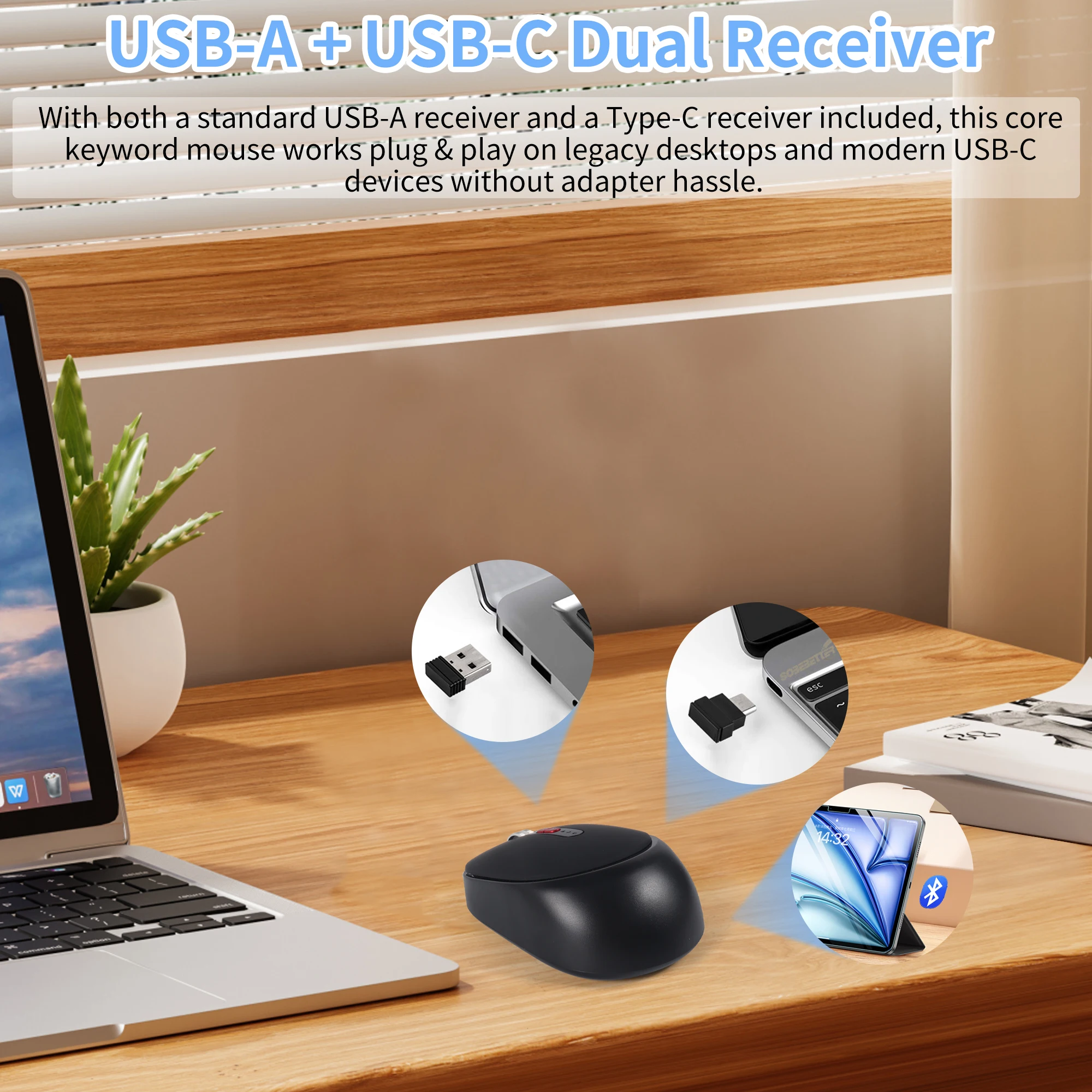 Mini Dual-mode Mouse Rehargeable Power Level Reminder Mute Button Dual Receiver Metal Roller For Small Hand Win MacOS Use Mause