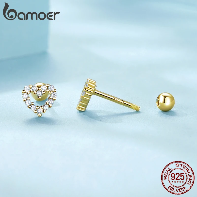 Pendientes BAMOER auténticos de Plata de Ley 925 para mujer, bonitos pendientes de corazón, joyería de compromiso de boda CZ transparente brillante