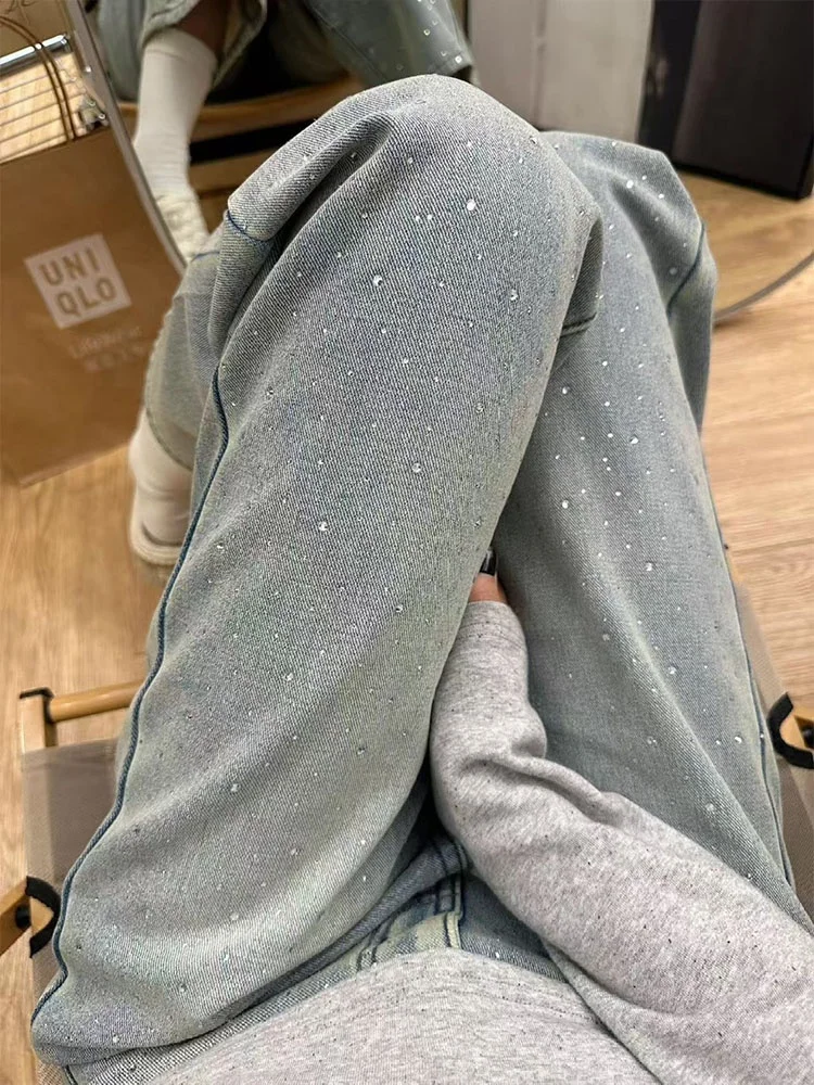

Light Blue Rhinestone Embellied Straight Leg Denim Jeans Women's Loose Slimming Wide Leg Pants Casual High Waist Jeans