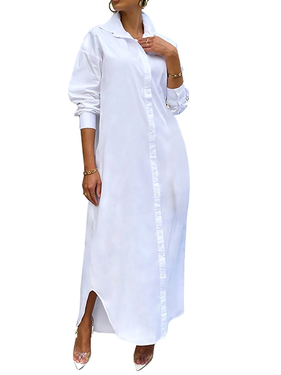 Women s Button Down Kaftan Tops Solid Color Long Sleeves Lapel Collared V Neck Loose Shirt Dress Long Coat Blouse Dress