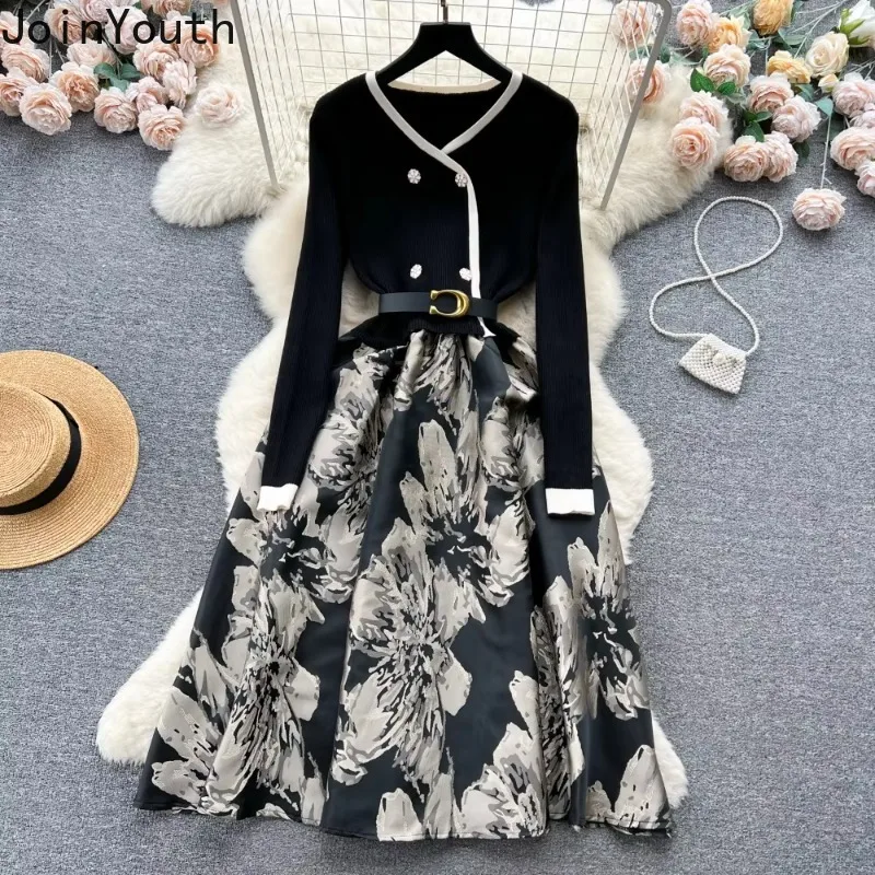 Korean High Waist V Neck Long Sleeve Dresses Women Contrast Color Floral Robe Femme Patchwork Knitted A-line Tunic Chic Dress