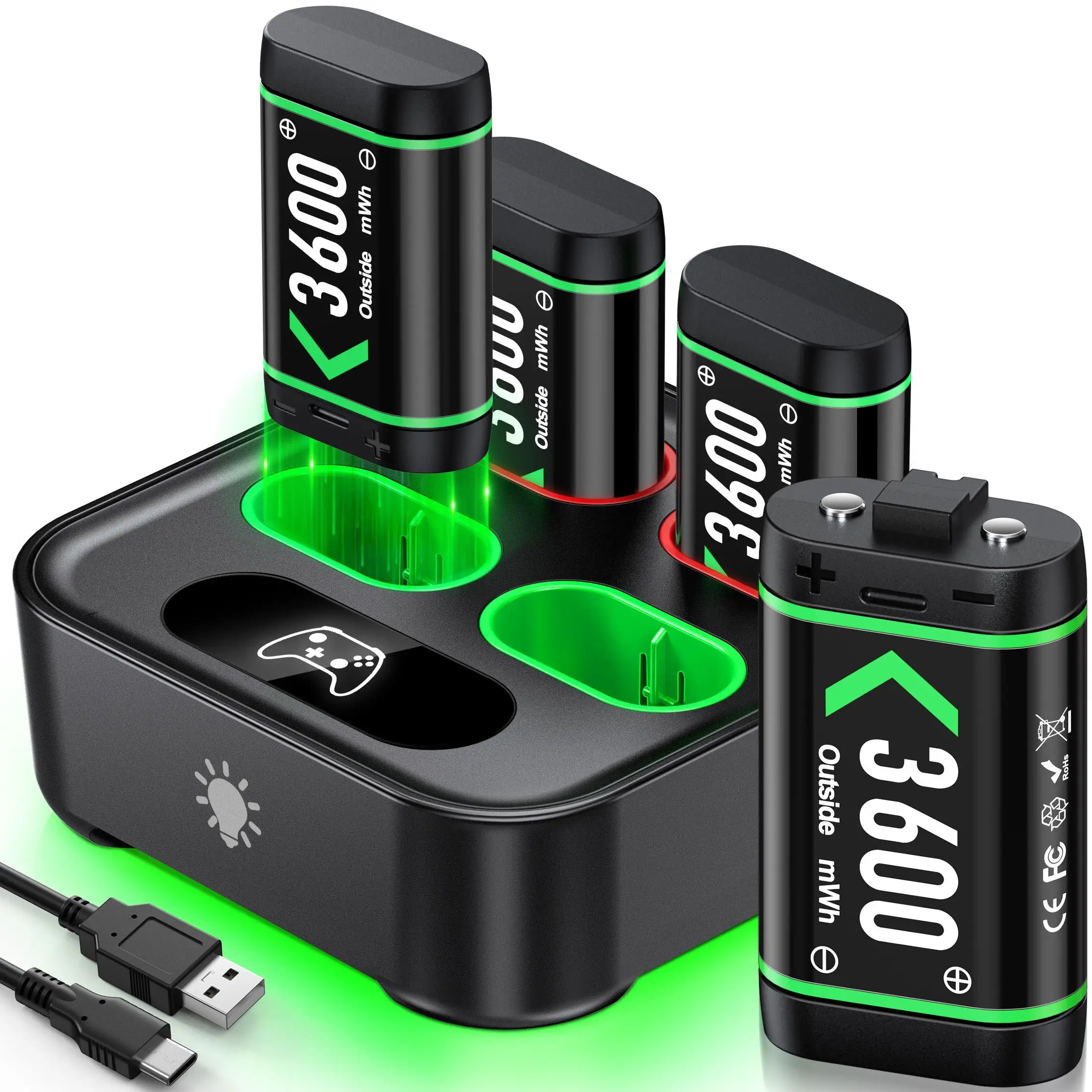 

Upgraded 4 x 3600mWh Fast Charging Rechargeable Battery Packs with Light Control, Battery Charging Dock/Station