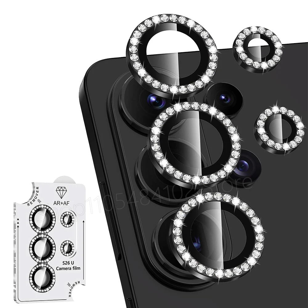 Glänzender Diamant-Metallring + Glas-Kameralinsenschutz für Samsung Galaxy S26 S25 S24 Ultra Plus S26Ultra Rücklinsen-Schutzkappe