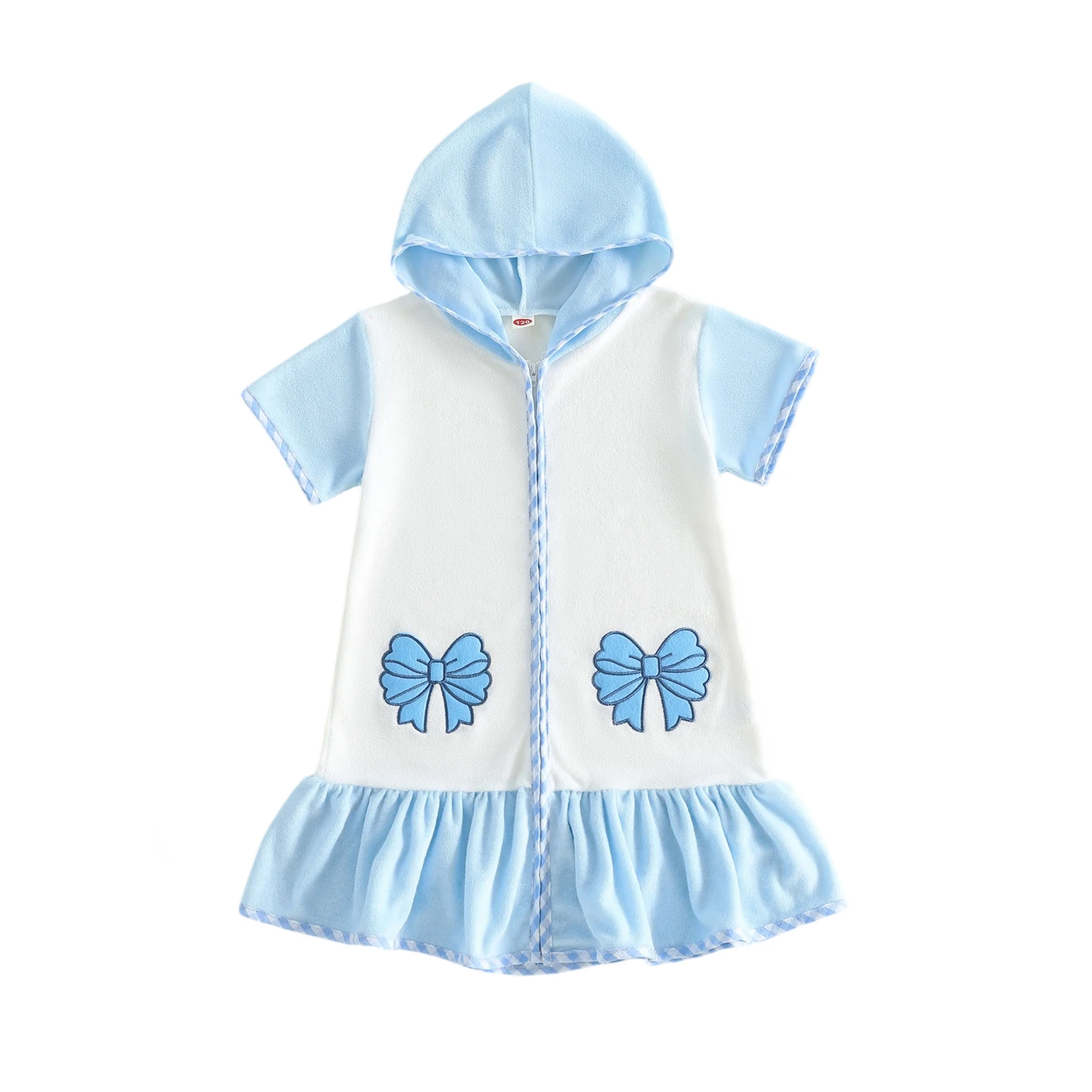 Little Girls Beach Cover Up Hooded Robe Short Sleeve Zipper Bow Embroidery Terry Cloth Swim Cover Up