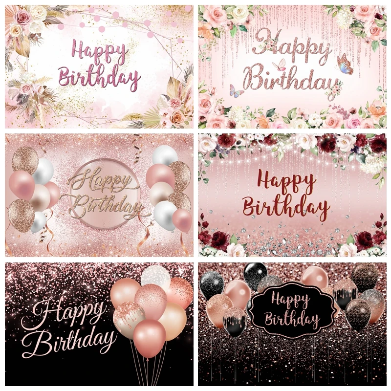 Happy Birthday Backdrop for Women Pink Rose Floral Glitters Photocall Banner Wedding Sweet Girls Birthday Photography Background