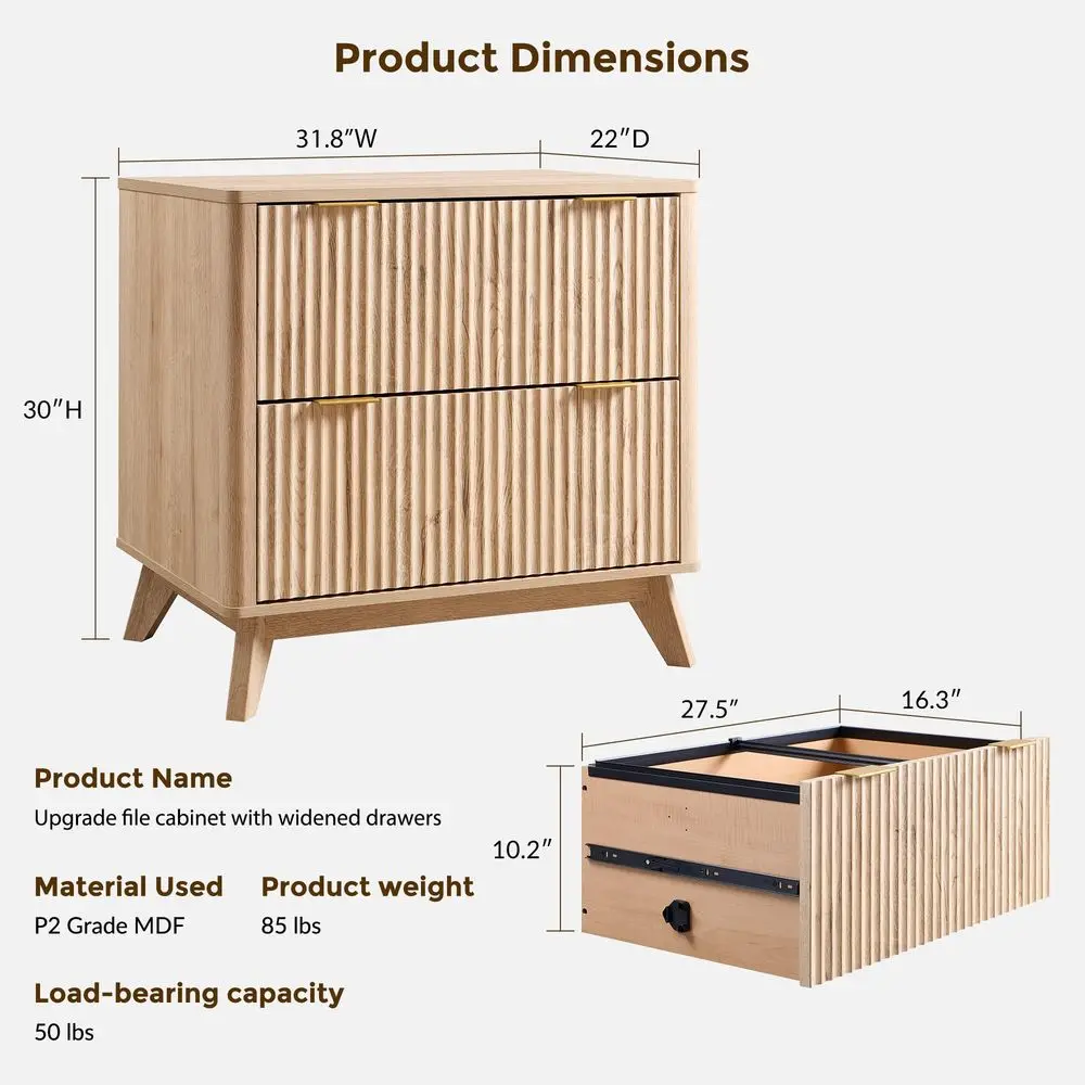 

2 Drawer File Cabinet, 31.8 Fluted Lateral File Cabinet w Files Hanging Rod for Letter Legal A4, Large Tabletop for Printer, Of