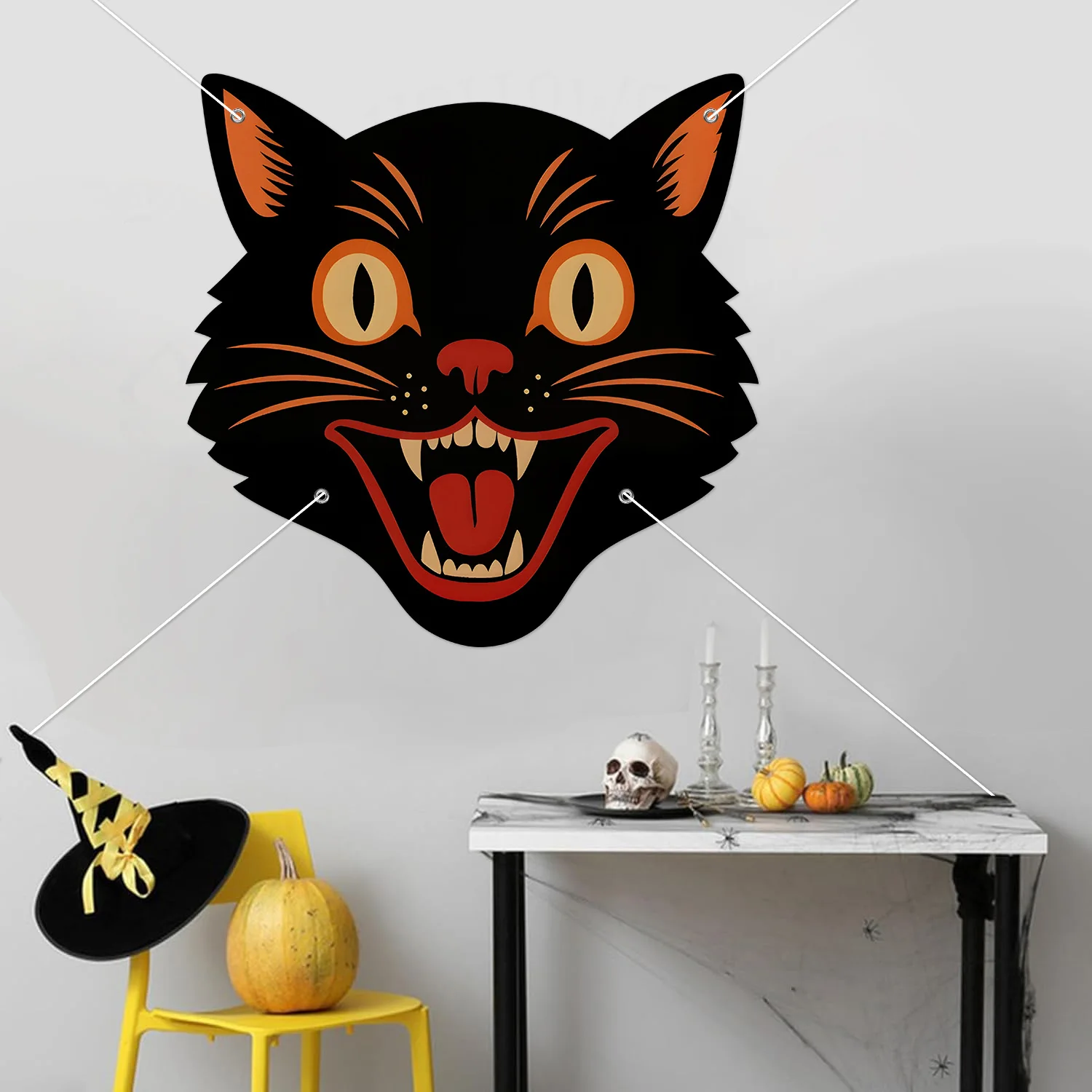 Vintage Halloween Schwarze Katze Türbanner Horror Hängendes Veranda-Schild Hintergrund für Spukhaus-Party Fotokulisse Dekoration – Detail 3
