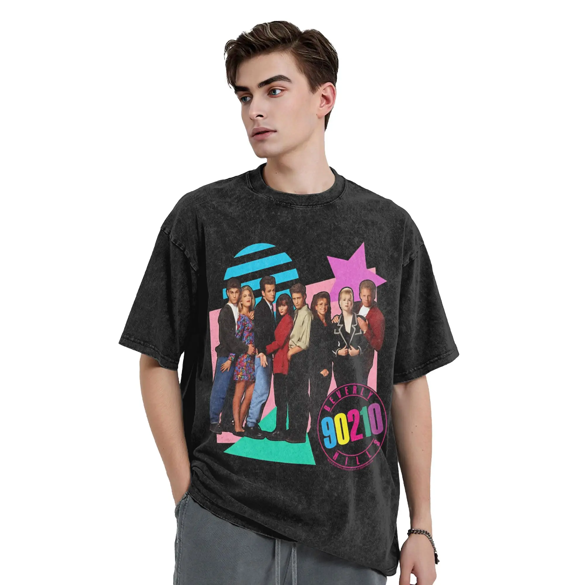 Beverly Hills, 90210 Retro Washed T Shirt Male  Aesthetic Casual T-Shirts Summer Hip Hop Tees Pattern Oversized Clothing