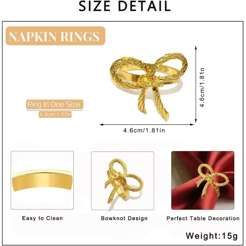 Shiny Metal Bow Napkin Ring Holder Elegant Table Setting Alloy Decor Reusable for Wedding Banquet Dinner Parties