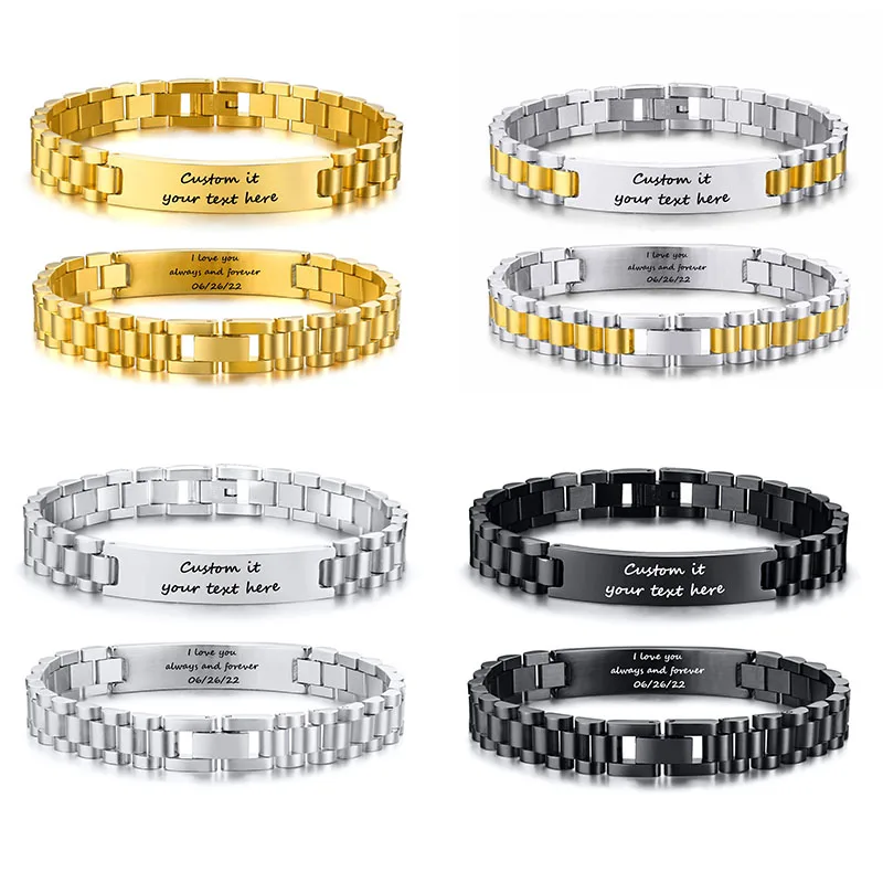 Personalized Engraved Bracelet for Men Women Customized Text Bracelets, Hypoallergenic Stainless Steel Watch Chain Memory Jewelr