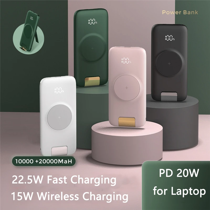 Wireless Charger Power Bank 20000mAh for Laptop iPhone 15 14 Samsung S21 S22 Huawei P40 Powerbank with Cable Mobile Phone Holder