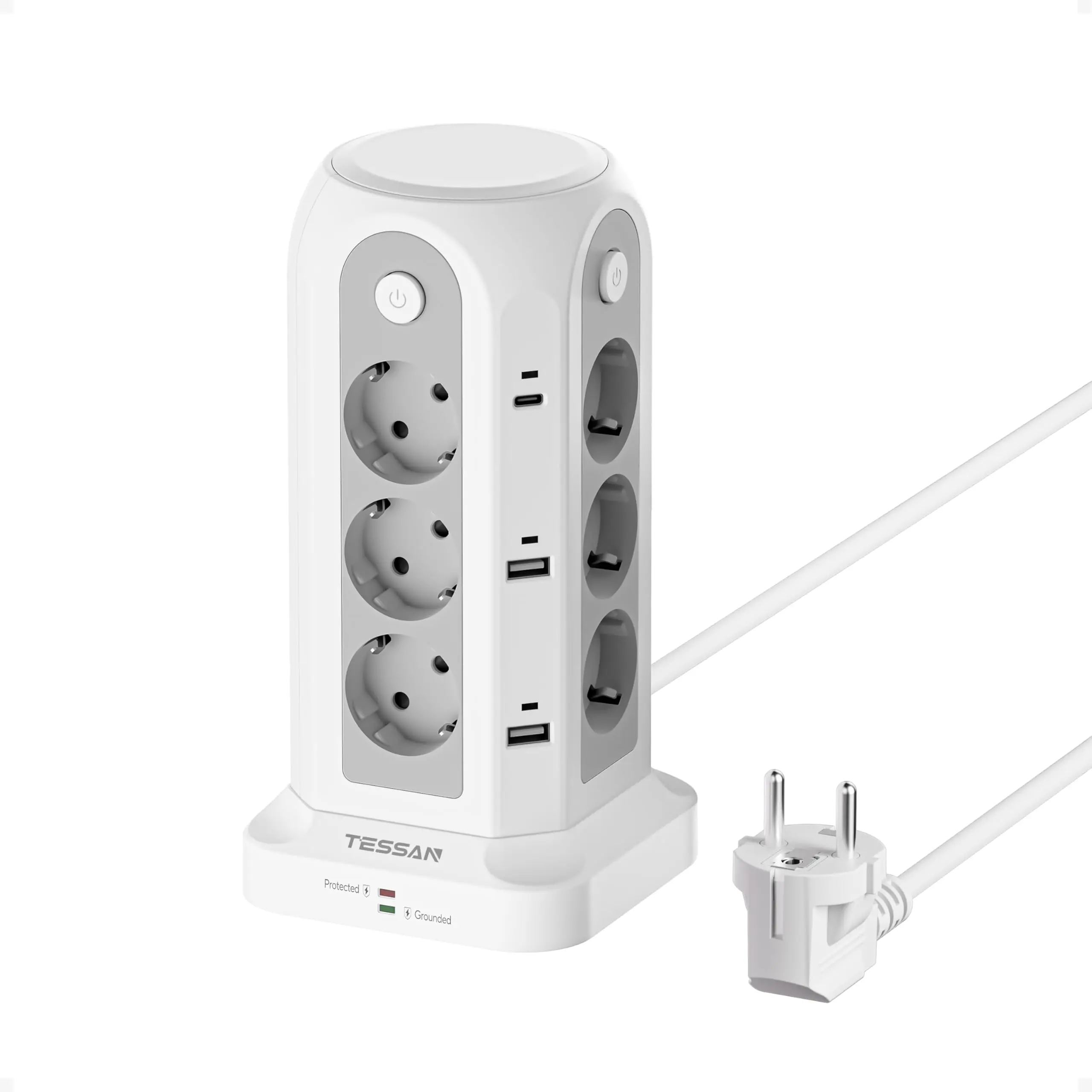 TESSAN Meerdere toren-stekkerdoos met overspanningsbeveiliging, 12 AC 6 USB 4 enkele schakelaars, 5M 2M verlengkabel