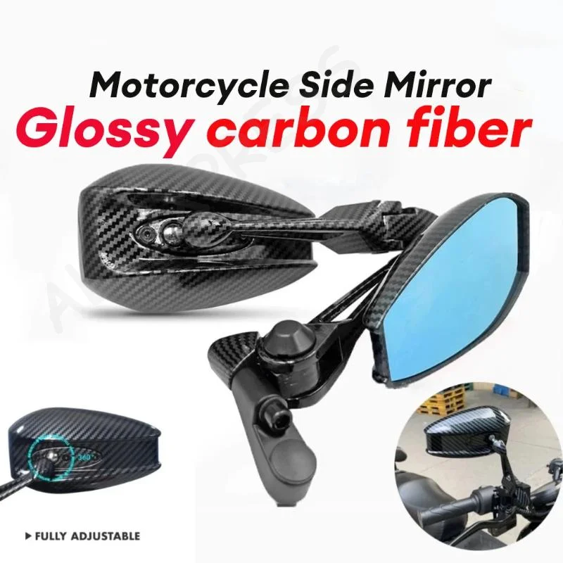 [G]New Motorcycle Rearview Mirrors Carbon Fiber Pattern Anti Glare Blue Glass For Most Sport Street Bikes With Installation Kit