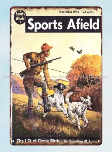 retro garage signs sports afield hunter hunting dog rifle 1944 tin sign