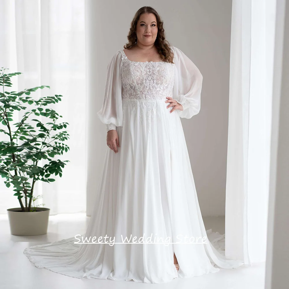 Customized Chiffon Wedding Dress Plus Size Cheap Square Neck Puff Sleeves See Through Applique Sweep Train Bride Gown