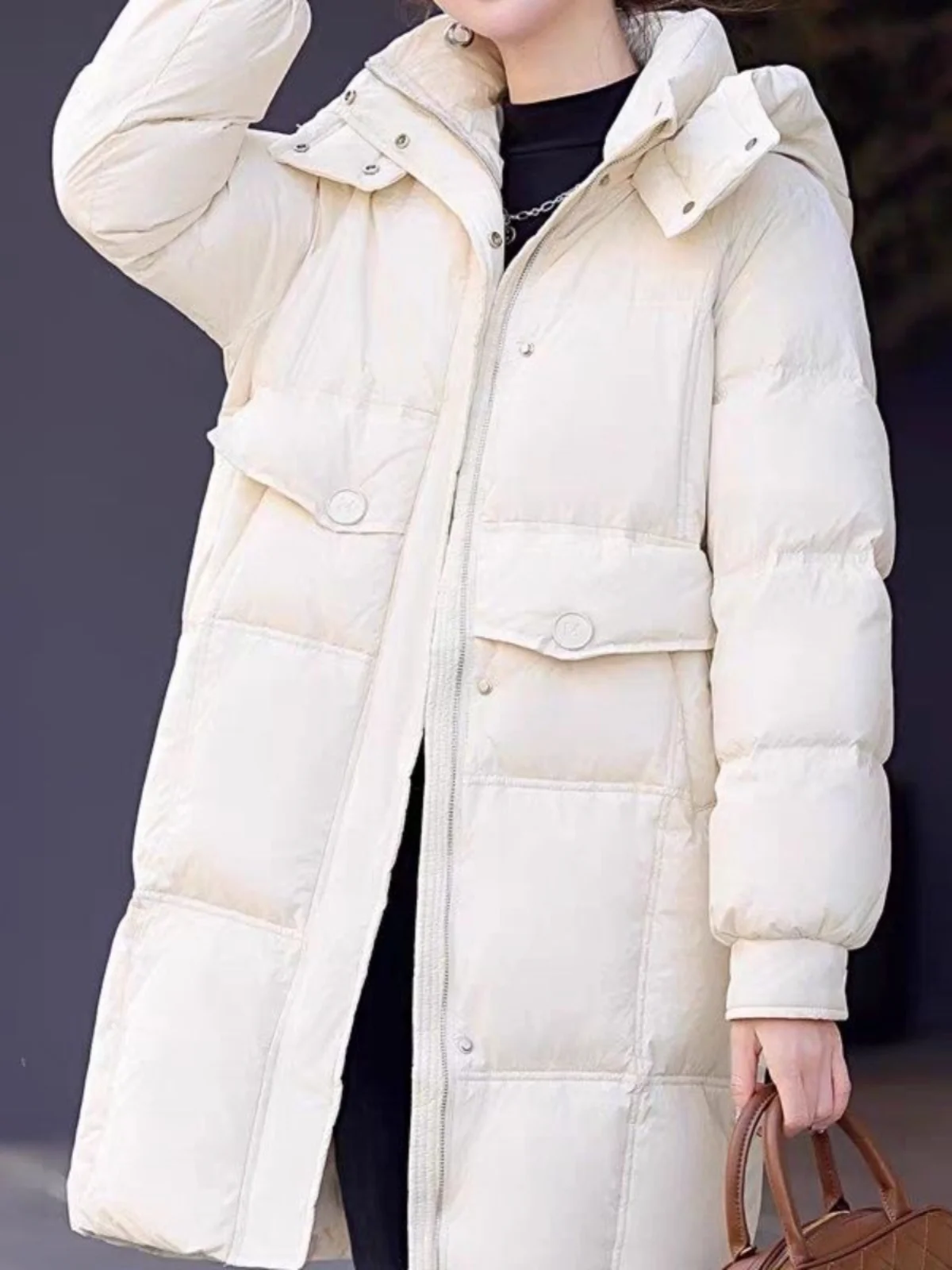 Damen-Daunenmantel mit Kapuze, mittellang, Thiened, warm, 90 % weißer Du-Federmantel, koreanischer Sle Commute Memory-Stoff, Polyester...