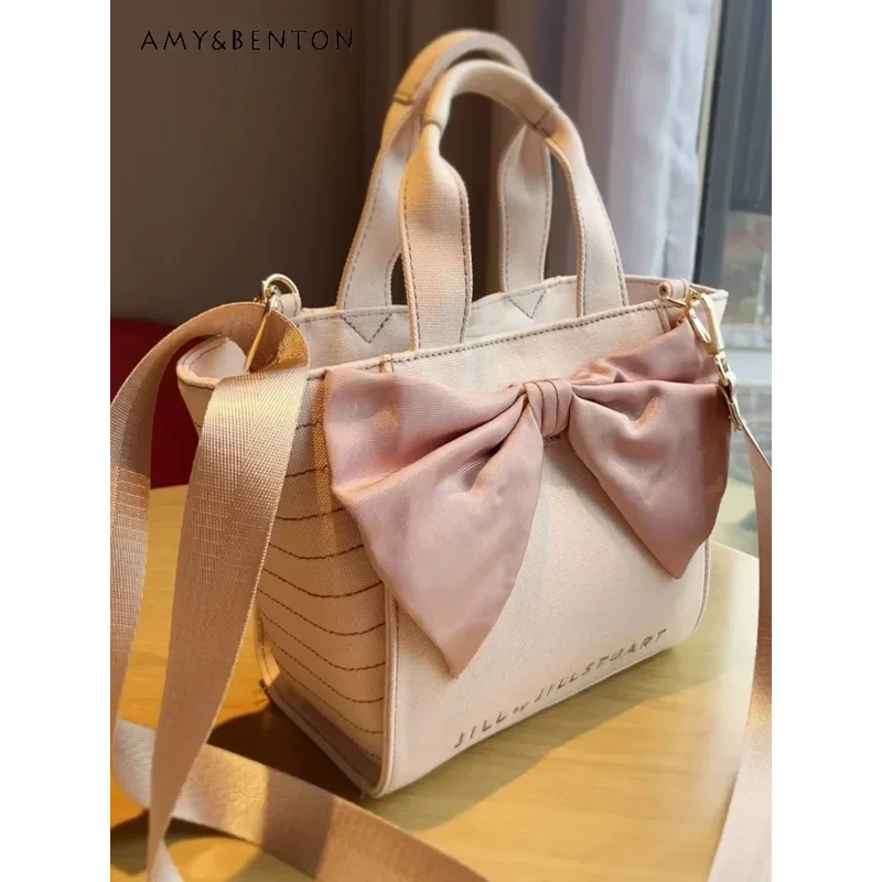 25COSJapanese Jill Bow Decorative Handbag Women Girly Versatile Messenger Bag Sweet Cute Canvas Bag Graceful Trendy Handbag Stud